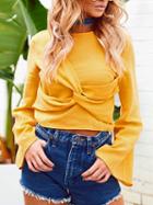 Choies Yellow Twist Front Keyhole Back Bell Sleeve Top