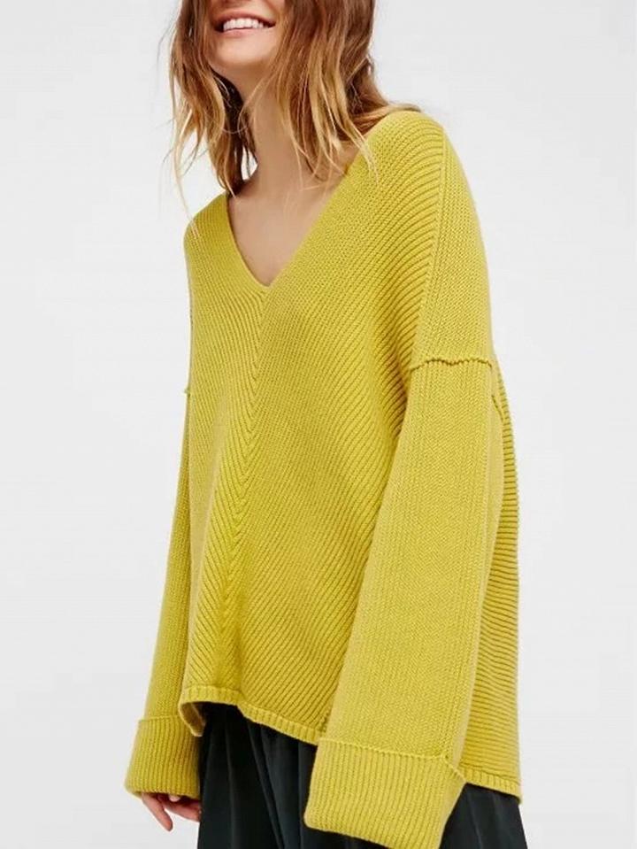 Choies Yellow V-neck Long Sleeve Turn Up Cuff Knit Sweater