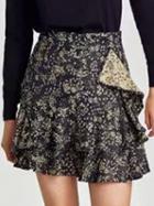 Choies Navy Blue High Waist Floral Detail Layered Ruffle Hem Skirt