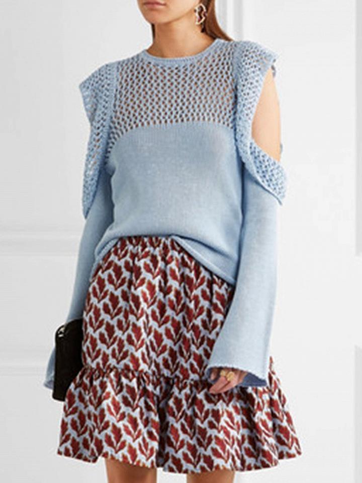 Choies Blue Cold Shoulder Frill Trim Mesh Stitch Knit Sweater