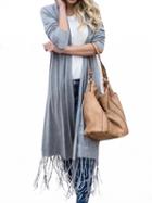 Choies Gray Tassel Hem Long Sleeve Longline Cardigan