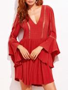 Choies Red V Neck Crochet Trim Ruffle Sleeve Dress