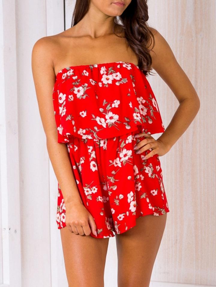 Choies Red Floral Off Shoulder Layered Top Romper Playsuit