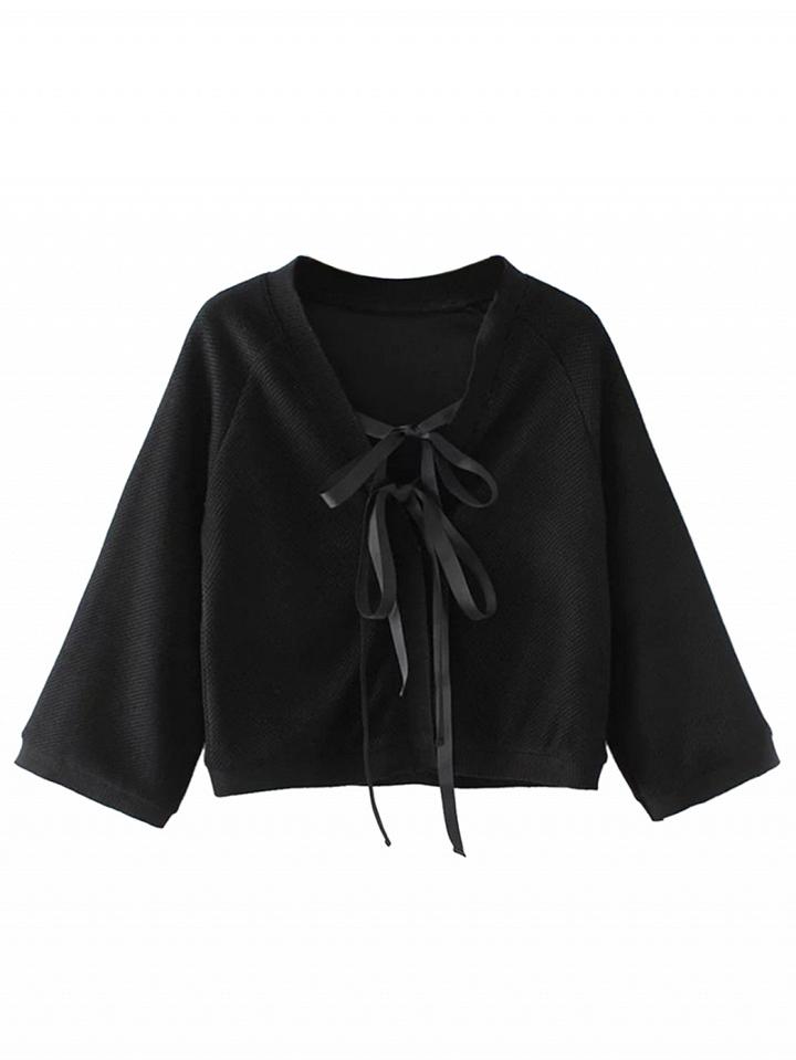 Choies Black V-neck Lace Up Long Sleeve Top