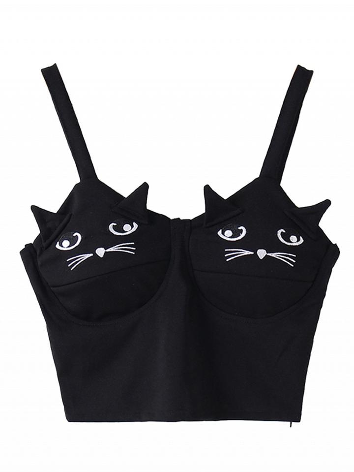Choies Black Embroidery Cat Cropped Vest
