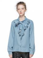 Choies Blue Bow Tie Front Long Sleeve Shirt