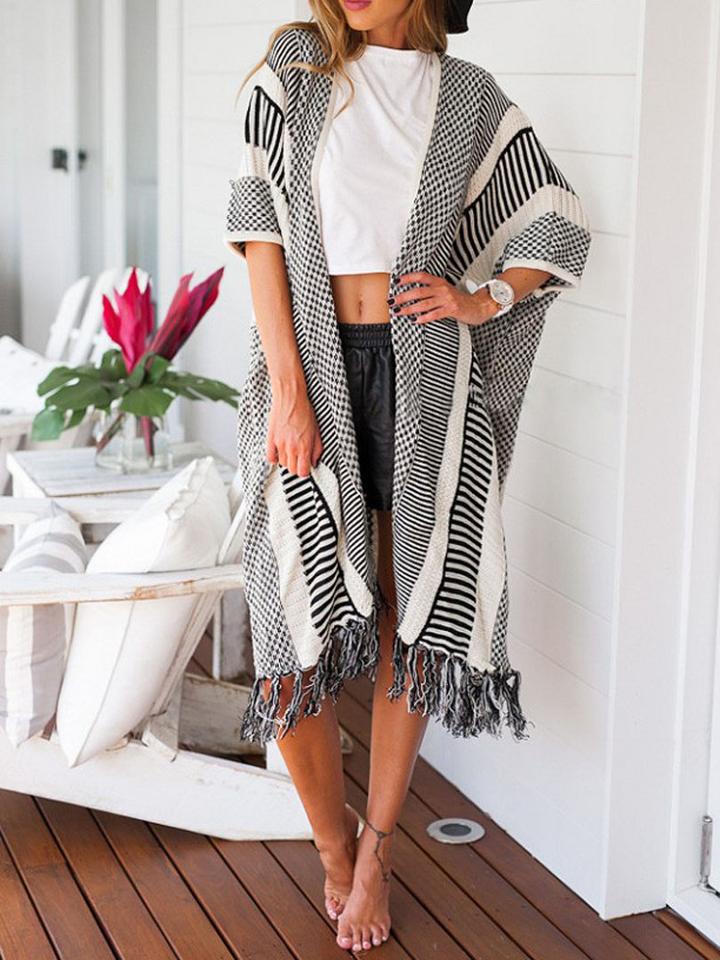 Choies Black Stripe Open Front Short Sleeve Tassel Longline Cardigan