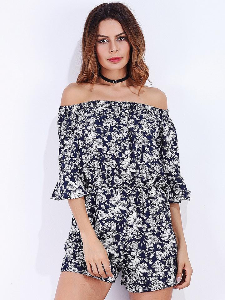 Choies Polychrome Floral Off Shoulder Flared Sleeve Romper Playsuit