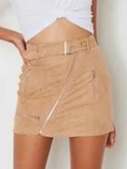 Choies Khaki Faux Suede High Waist Asymmetric Zip Pencil Mini Skirt