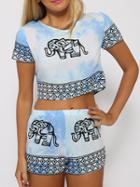 Choies Light Blue Tie Dye Elephant Print Crop Top With Elastic Waist Shorts