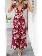 Choies Polychrome Floral Plunge V-neck Open Back Split Maxi Dress