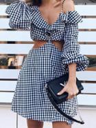 Choies Black Plaid Cotton V-neck Puff Sleeve Chic Women Mini Dress