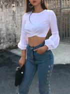 Choies White Ruched Detail Front Puff Sleeve Women Crop Top