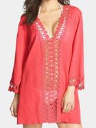 Choies Watermelon Red Crochet V Neck  Semi-sheer Poncho Cover Up Blouse
