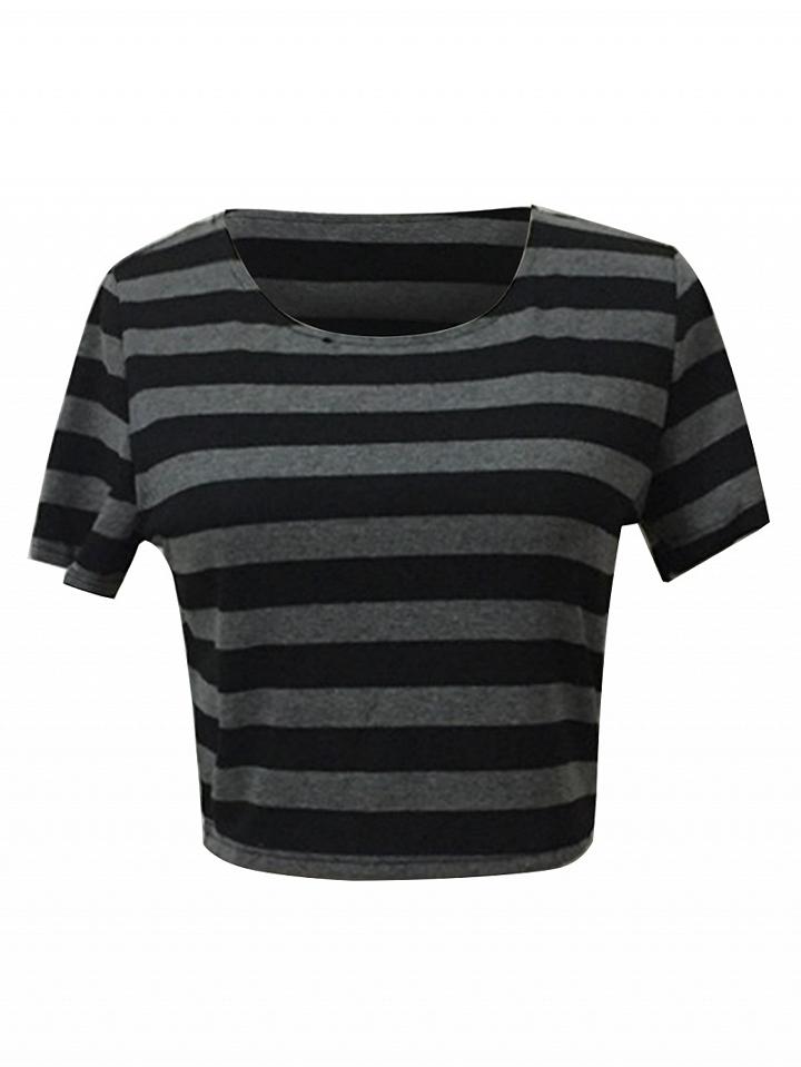 Choies Gray Contrast Stripe Short Sleeve Cropped T-shirt