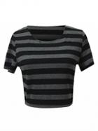 Choies Gray Contrast Stripe Short Sleeve Cropped T-shirt