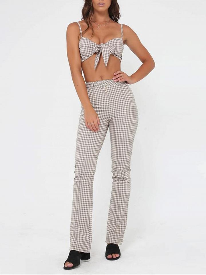 Choies Gray Plaid Bow Tie Front Crop Cami Top And High Waist Pants
