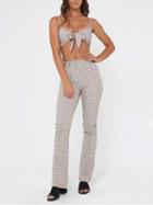 Choies Gray Plaid Bow Tie Front Crop Cami Top And High Waist Pants