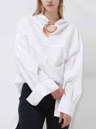 Choies White Pointed Collar Metal Circle Embellished Long Sleeve Shirt