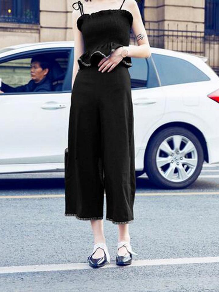 Choies Black Cotton Ruffle Trim Chic Women Crop Cami Top And High Waist Pants