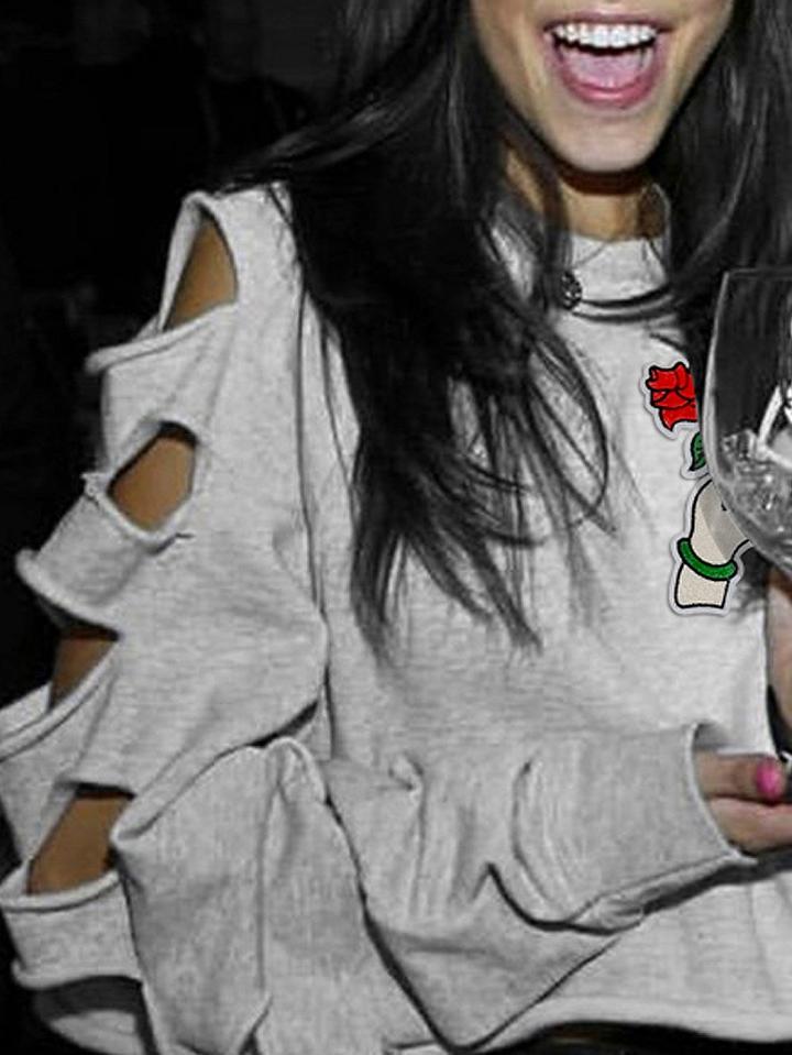 Choies Gray Embroidery Rip Sleeve Raw Hem Sweatshirt