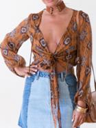 Choies Light Brown Plunge Geo-tribal Print Tie Front Long Sleeve Top