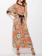Choies Orange Asymmetric Floral Print Tie Waist Long Sleeve Maxi Dress