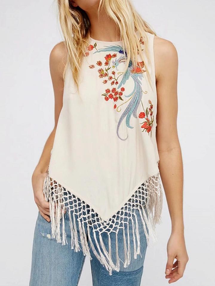Choies Beige Embroidery Floral Fringe Hem Sleeveless Top