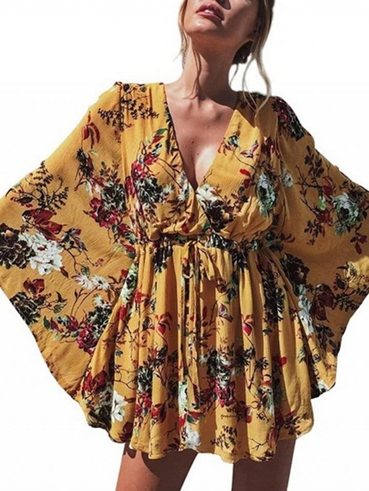 Choies Yellow V-neck Print Detail Batwing Sleeve Mini Dress