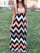 Choies Peach Pink Contrast Multicolor Chevron Sleeveless Maxi Dress