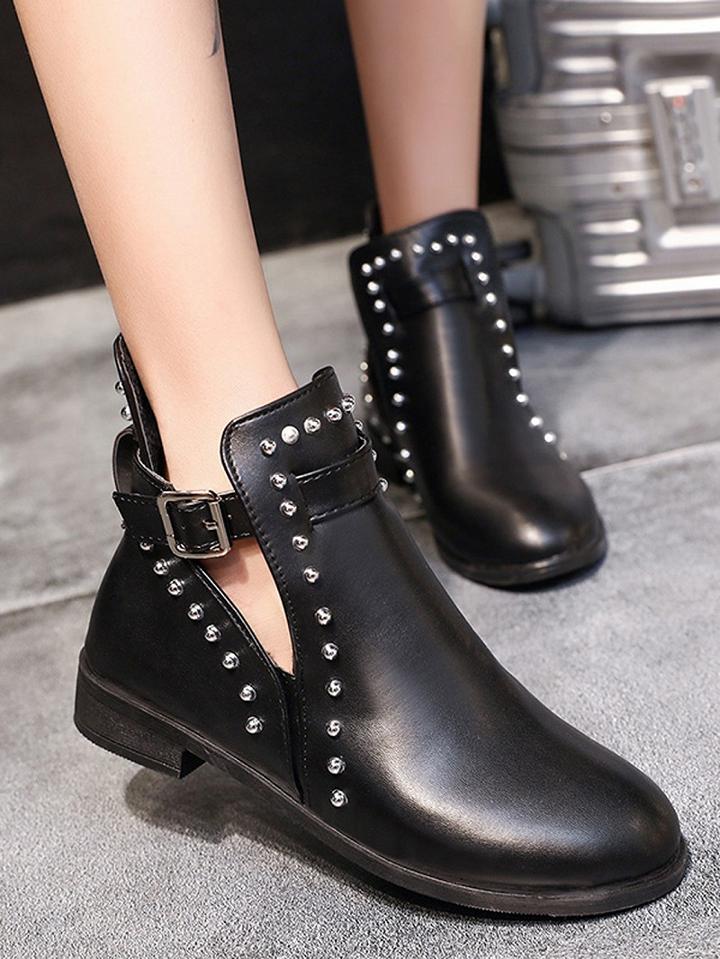 Choies Black Stud Detail Buckle Strap Ankle Boots