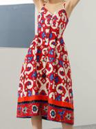 Choies Red V-neck Folk Print Pocket Detail Chic Women Cami Midi Dress