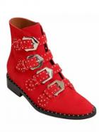 Choies Red Leather Stud Buckle Detail Ankle Boots