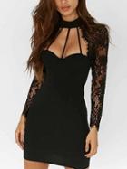 Choies Black High Neck Cut Out Strap Detail Lace Sleeve Bodycon Dress
