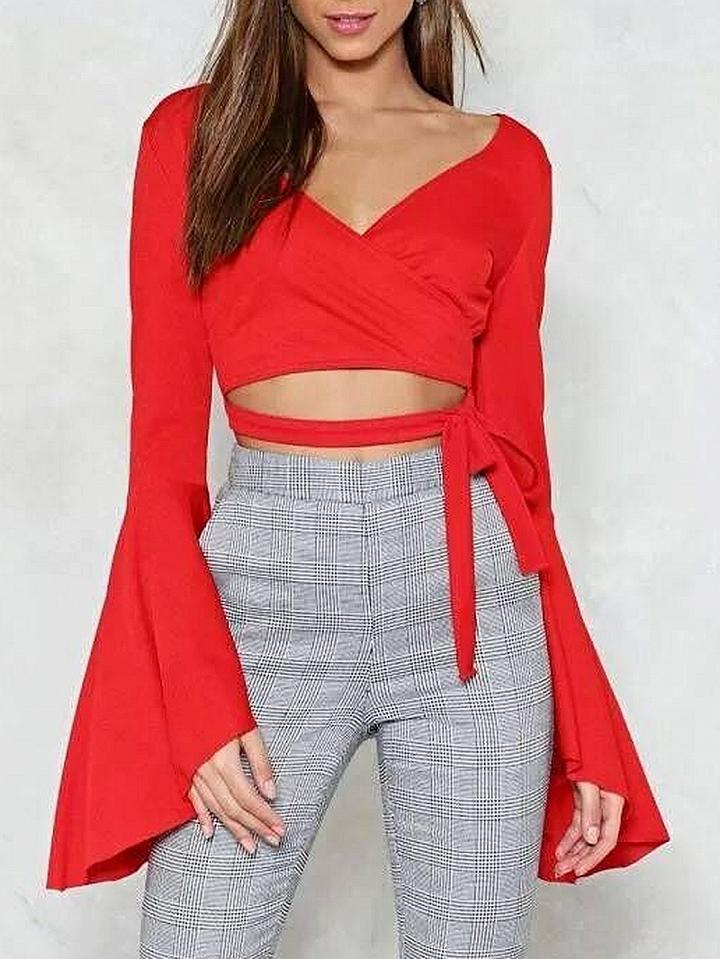 Choies Red V-neck Tie Waist Flare Sleeve Crop Blouse