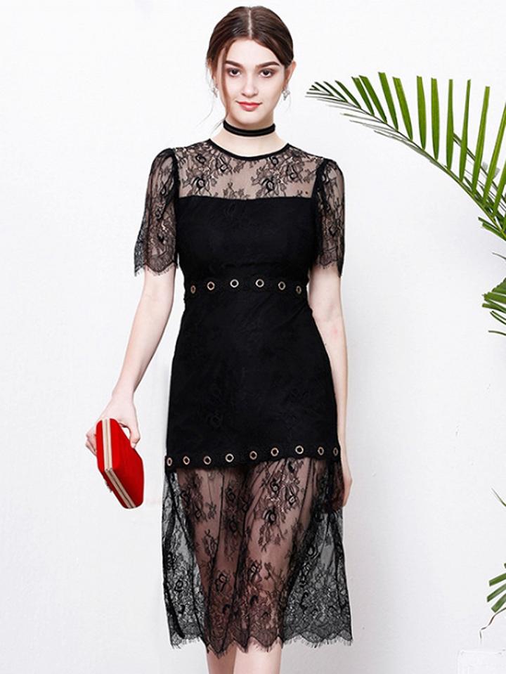 Choies Black Eyelet Detail Asymmetric Hem Sheer Lace Midi Dress