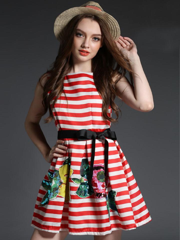 Choies Red Stripe Sequin Embroidey Belt Waist Skater Dress