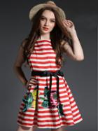 Choies Red Stripe Sequin Embroidey Belt Waist Skater Dress