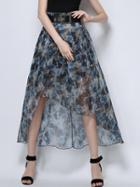 Choies Navy Floral Leaves Print High Waist Asymmetric Hem Midi Skirt