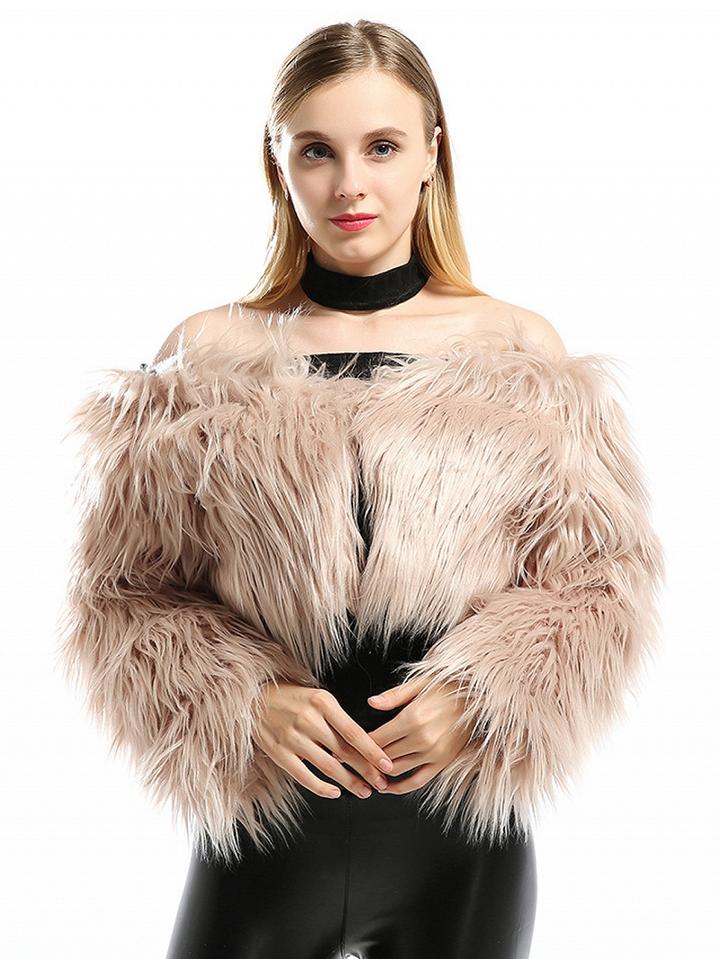 Choies Khaki Long Sleeve Faux Fur Coat
