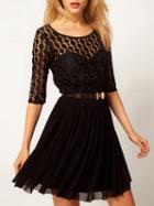 Choies Black Sheer Panel Half Sleeve Belted Waist Mini Mesh Dress