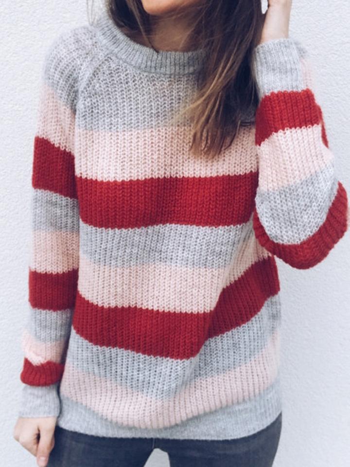 Choies Multicolor Stripe Crew Neck Long Sleeve Mohair Knit Sweater