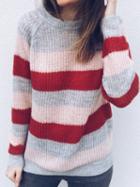Choies Multicolor Stripe Crew Neck Long Sleeve Mohair Knit Sweater