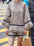 Choies Khaki Long Sleeve Chic Women Knit Blouse And High Waist Shorts