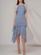 Choies Blue Ruffle Trim Open Back Asymmetric Hem Chic Women Cami Midi Dress