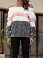 Choies Gray Contrast Velvet Off Shoulder Long Sleeve Chic Women Sweatshirt