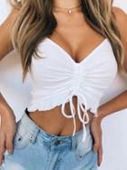 Choies White V-neck Drawstring Front Frill Trim Crop Cami Top