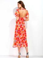Choies Polychrome V Neck Floral Print Flare Sleeve Midi Dress