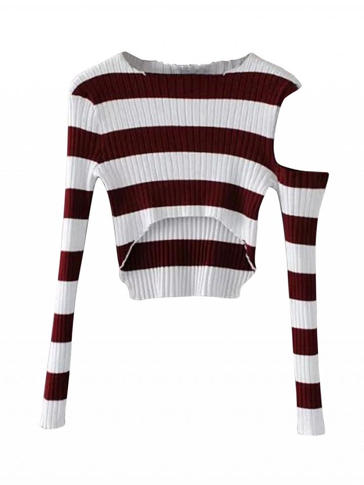 Choies Burgundy Stripe Cold Shoulder Dip Hem Rib Knit Crop Top