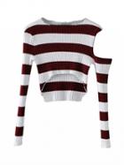 Choies Burgundy Stripe Cold Shoulder Dip Hem Rib Knit Crop Top